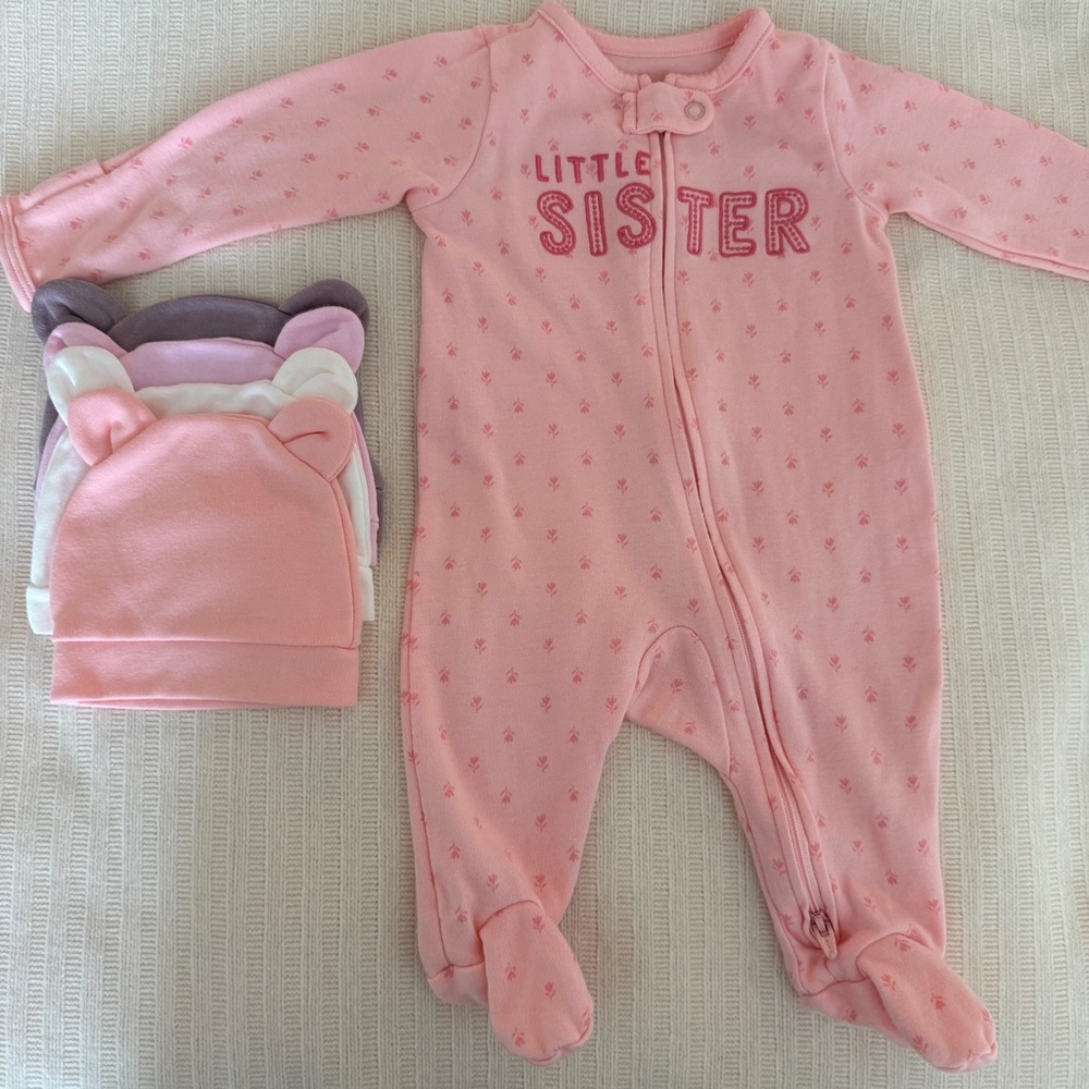 0-3 months Pink 'Little Sister' Bodysuit And 4 hats